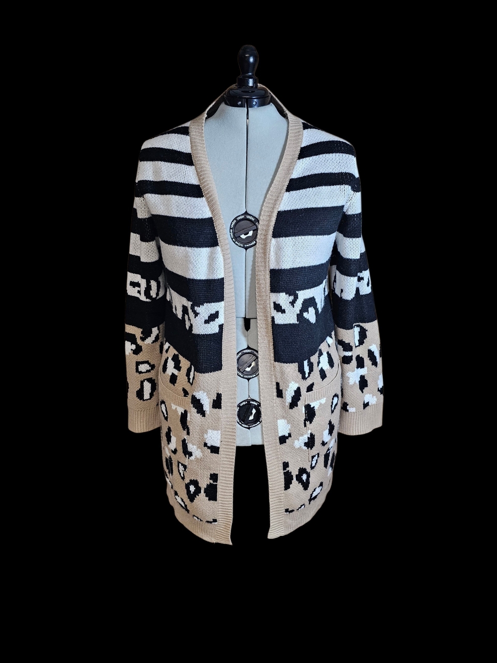 Open-Front Striped & Leopard Cardigan Sweater in Black, White & Beige